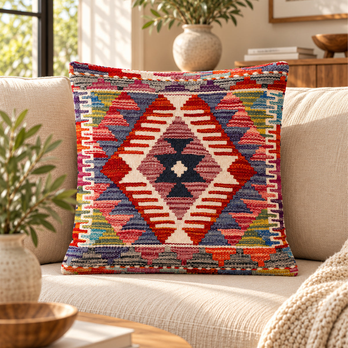 Kilim cushion cover on sofa with colorful diamond kilim motif in red and blue