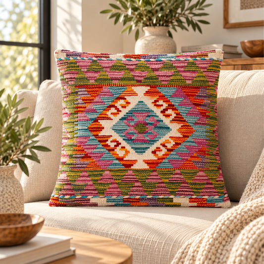 Kilim cushion cover with green geometric medallion and multicolor weave, square