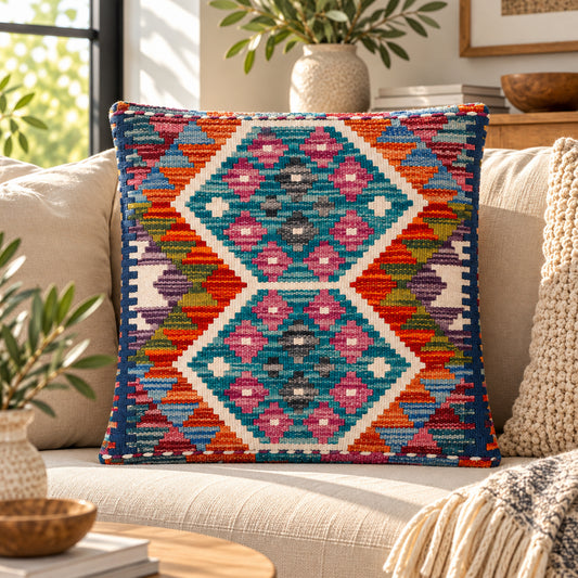Kilim cushion 45x45 cm, turquoise diamond front with multicolor trim