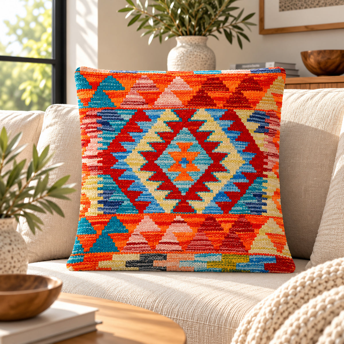 Multicolor kilim cushion with orange, blue, and diamond pattern, 45x45 cm square