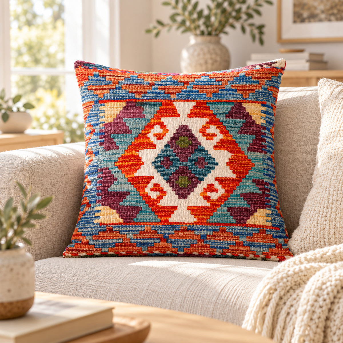 45x45 kilim cushion cover with geometric medallion in orange, blue, and burgundy