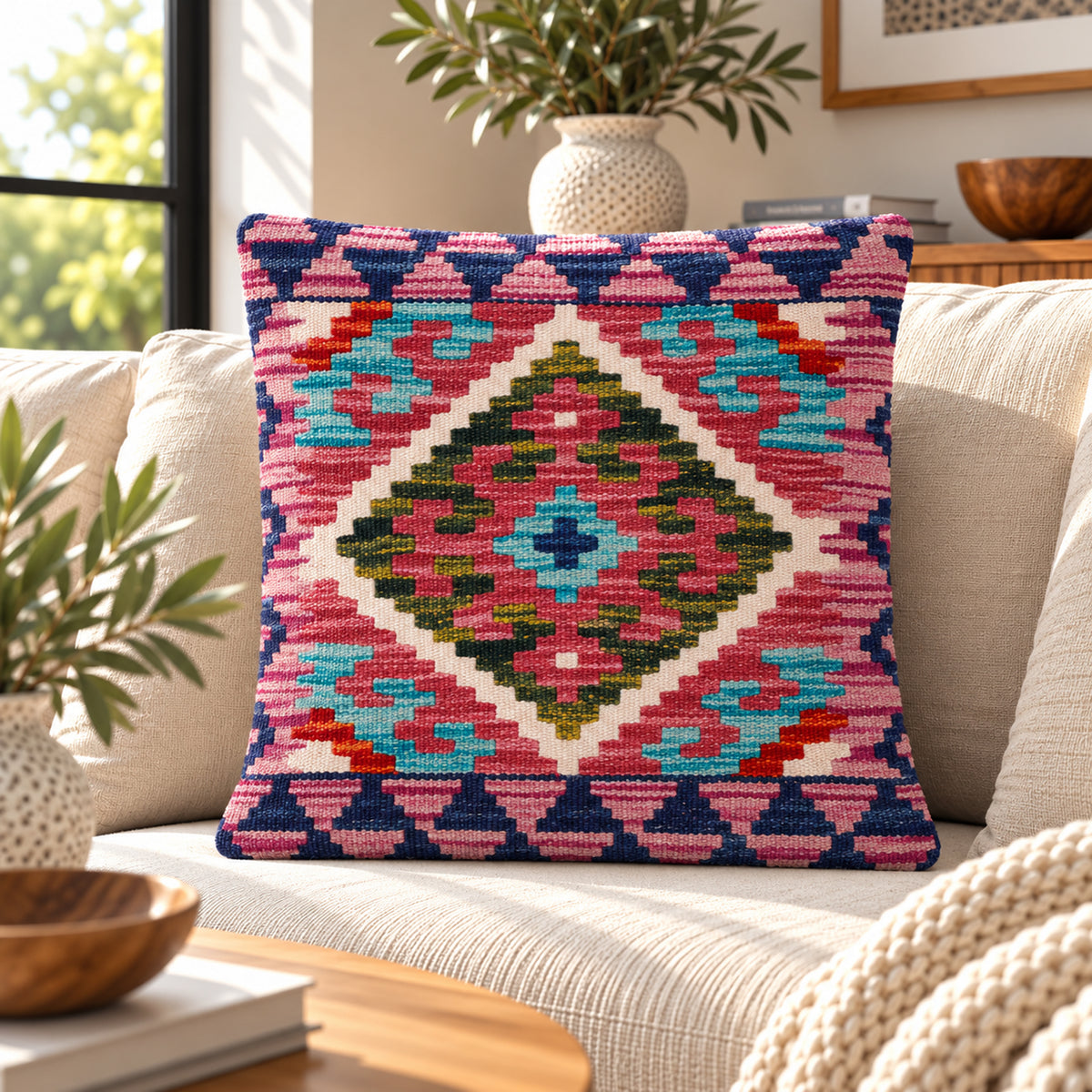 Pink kilim cushion cover with geometric medallion pattern, square front