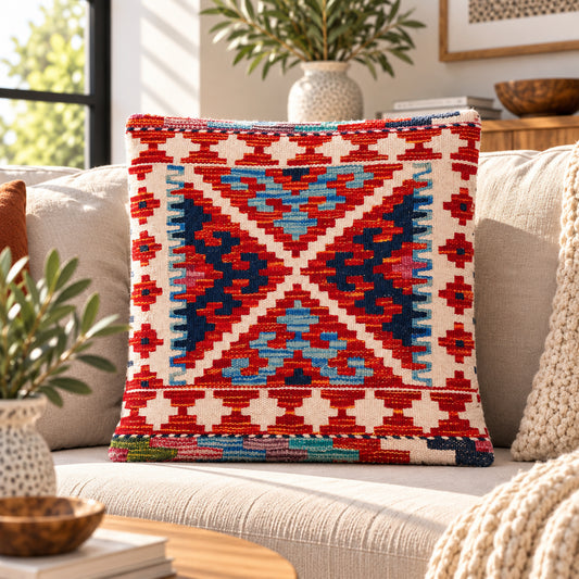 Kilim cushion cover 45x45 cm with red, navy and blue geometric pattern