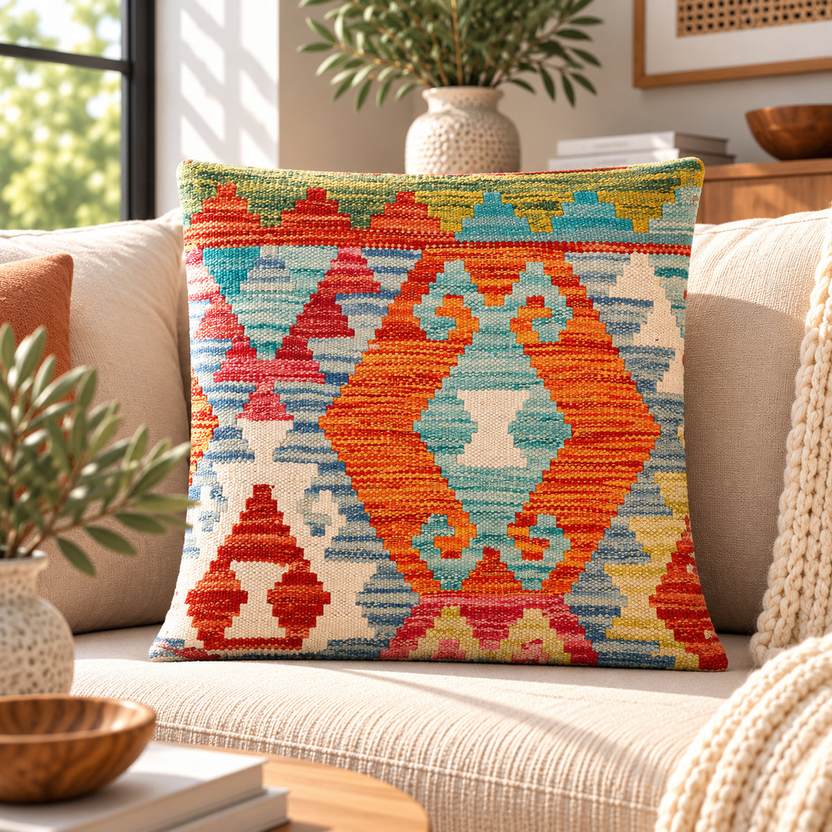 Orange organic kilim cushion cover, 45x45 cm, geometric pattern in blue, red, and yellow