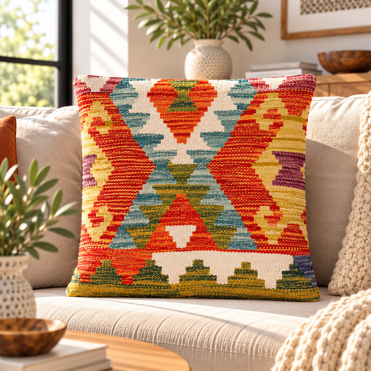 Kilim cushion cover with colorful geometric kilim pattern in orange and teal