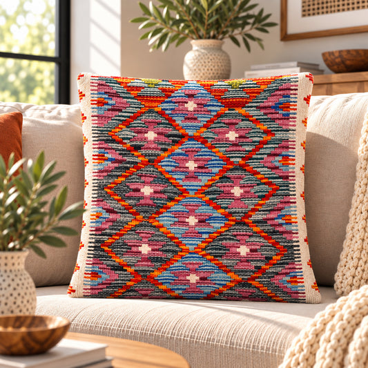45x45 cm kilim cushion with multicolor geometric pattern on front