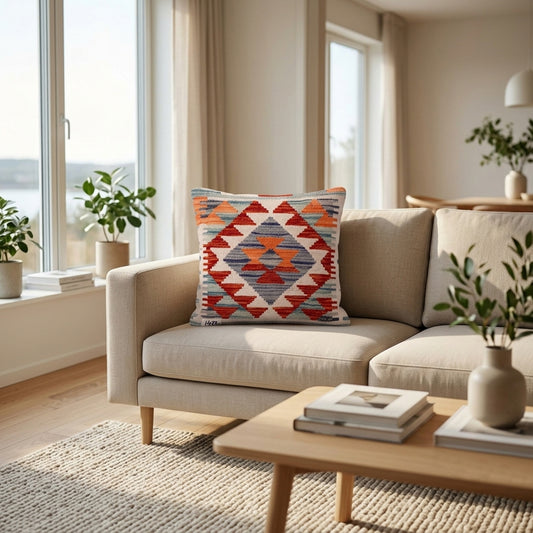 Orange kilim cushion with diamond pattern in red, blue, and cream