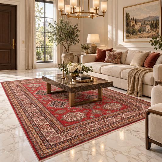 Red ornate rug laid in a living room beneath furniture, featuring border patterns.
