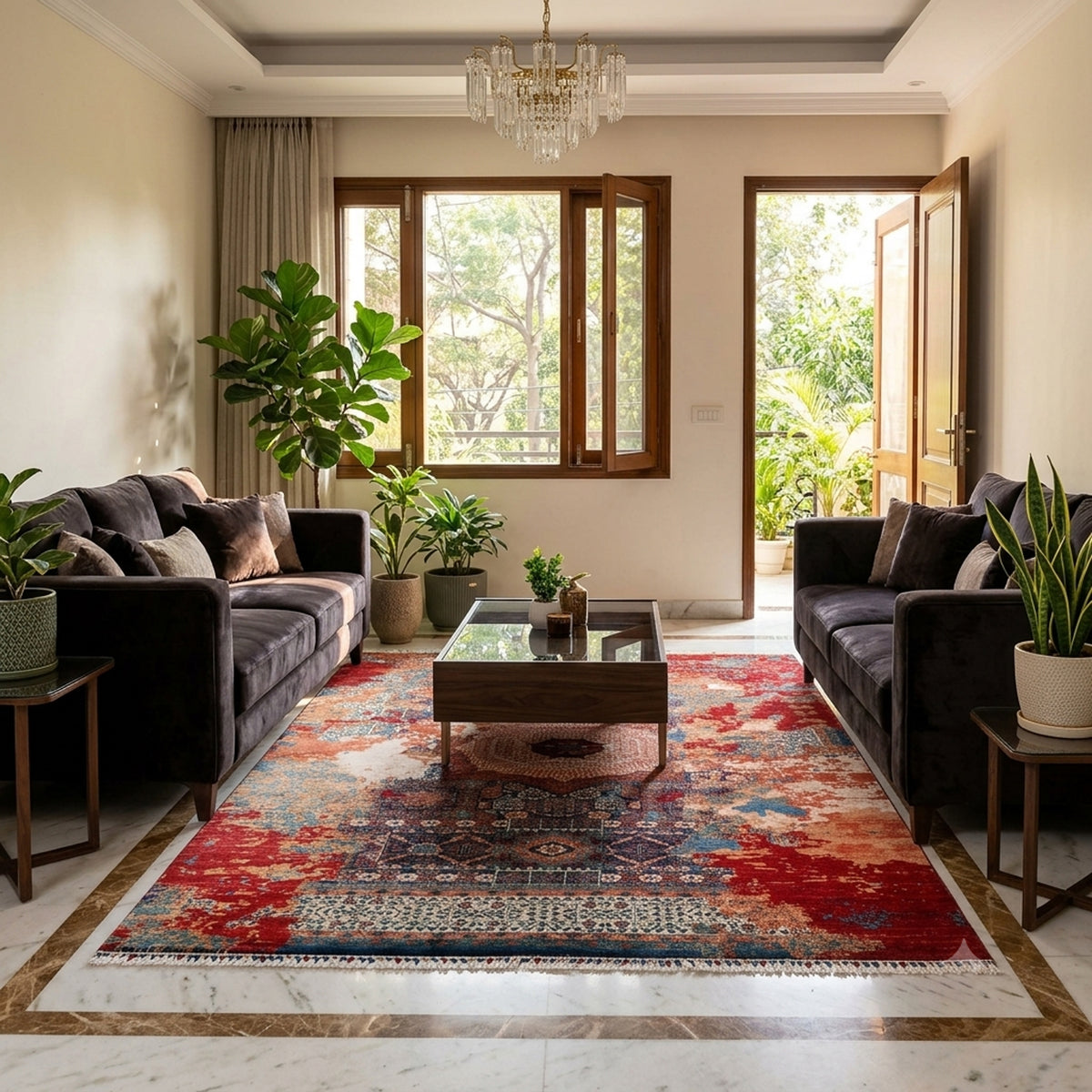 Red, blue and cream kilim rug with central medallion and distressed pattern