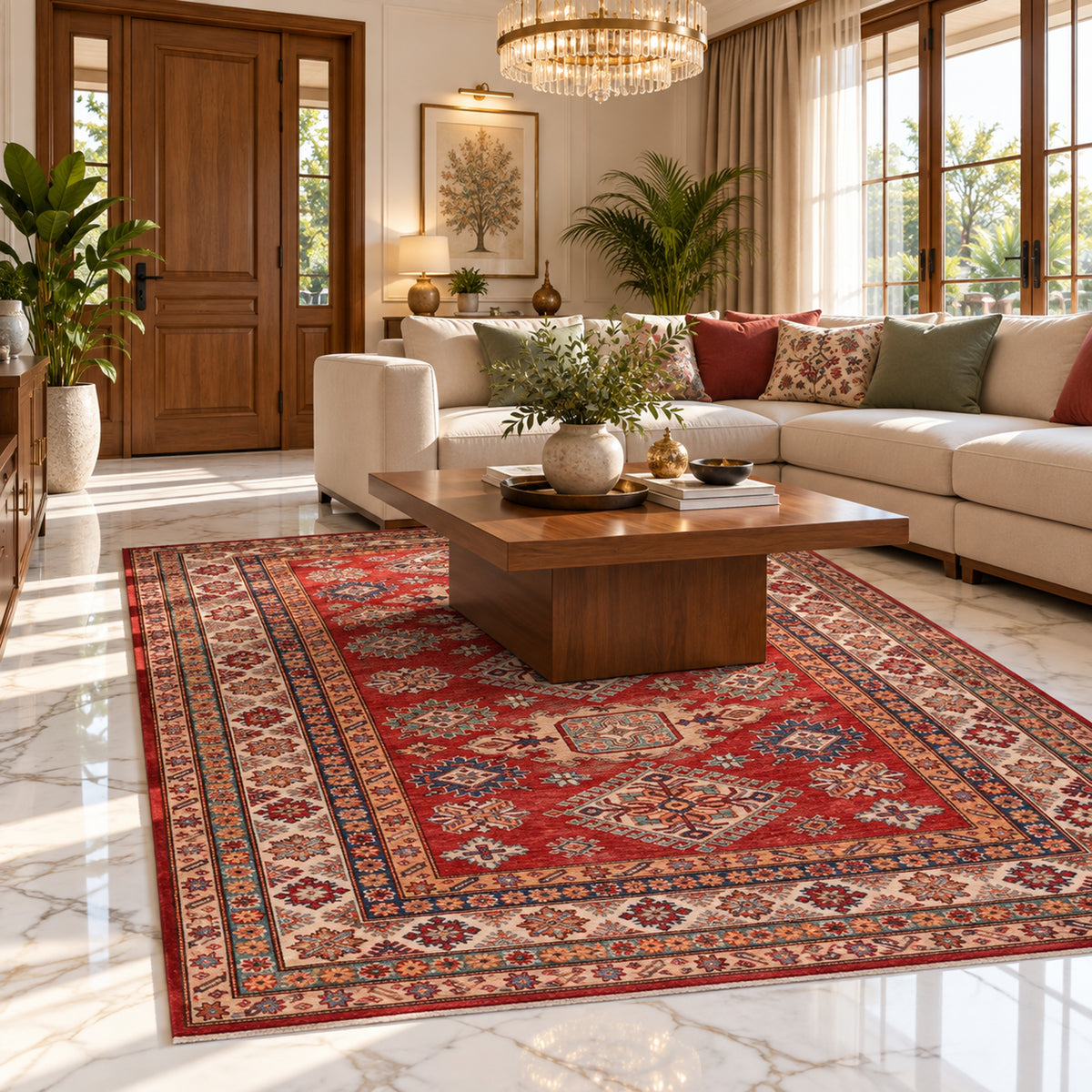 Red Kazak rug in living room with geometric pattern under coffee table, 198x155 cm