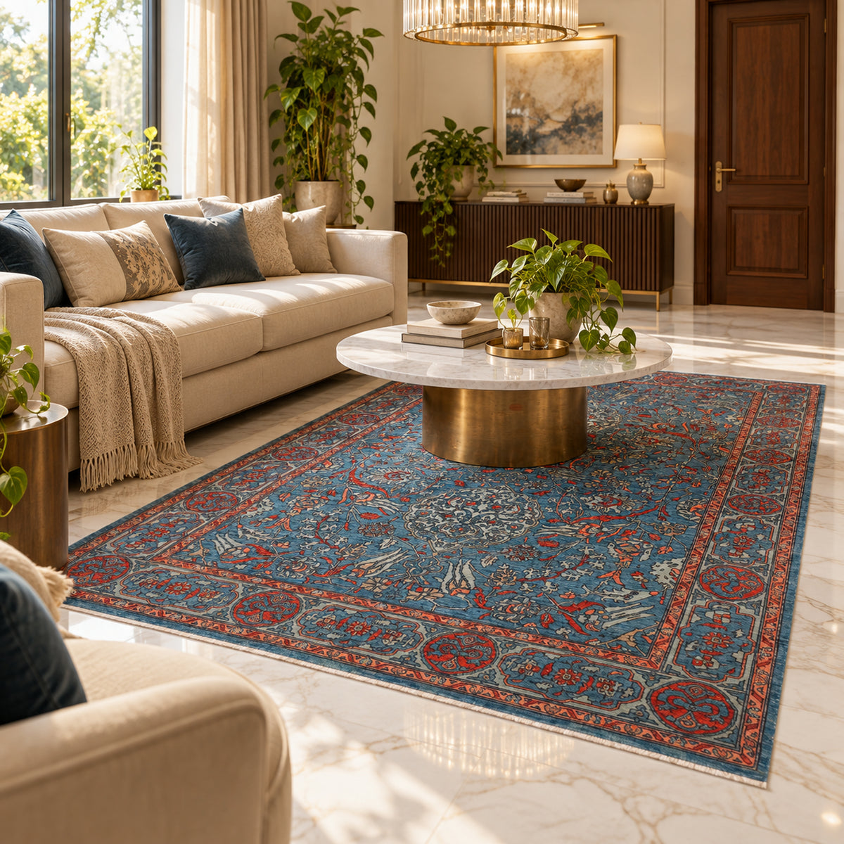 Blue oriental rug laid flat with detailed central panel and red border