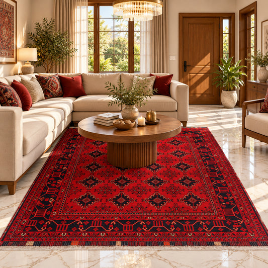 Red area rug with large geometric medallion pattern across the full surface
