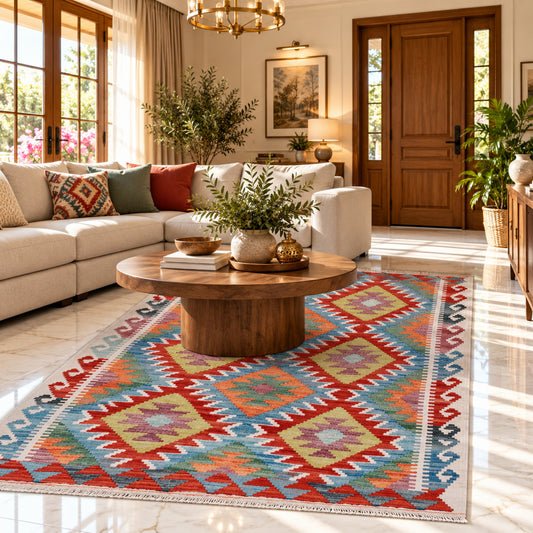 Kilim rug with multicolor geometric pattern in red, blue, orange, and cream