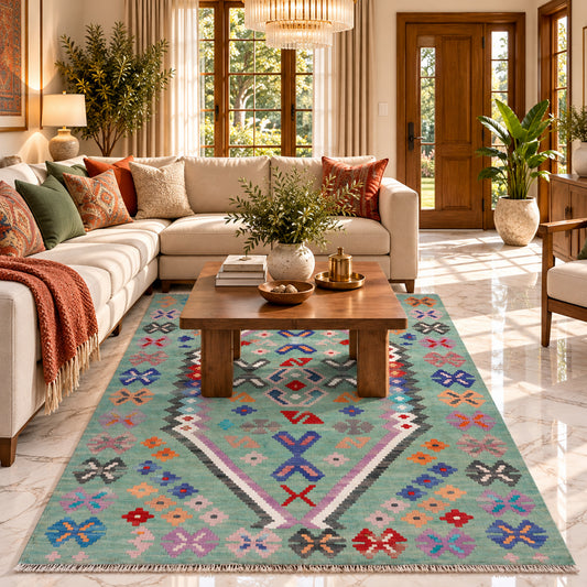 Green kilim rug 152x99 cm with multicolor geometric floral motifs and border