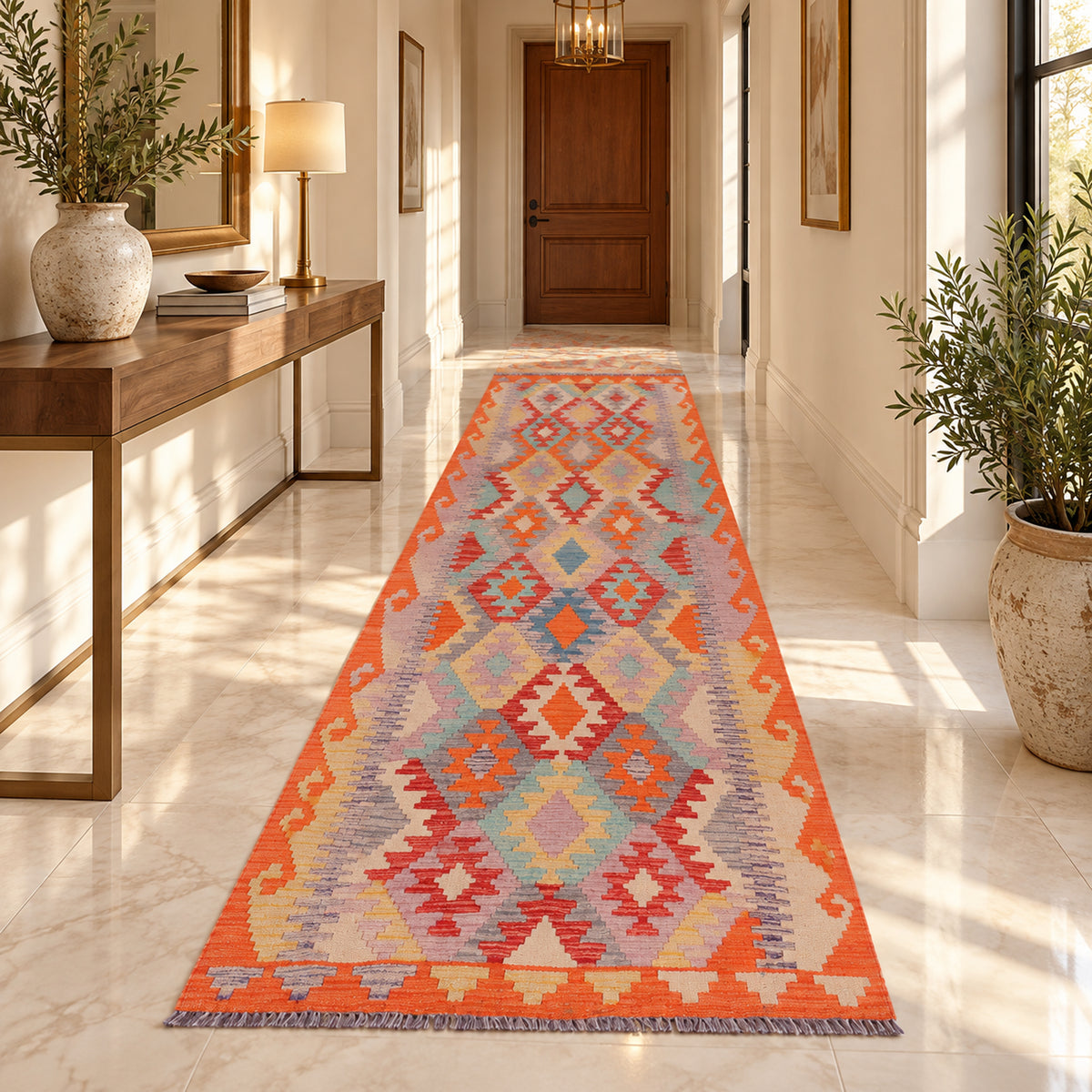 Long geometric kilim rug runner with orange and multi-color diamond pattern in hallway