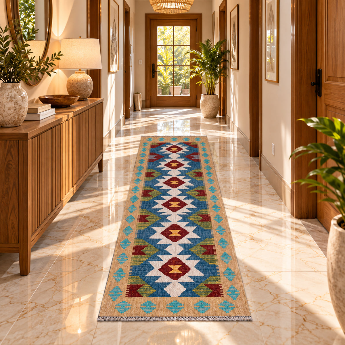 Geometric kilim runner rug, multicolor blue tan red accents, rectangular 147x51 cm