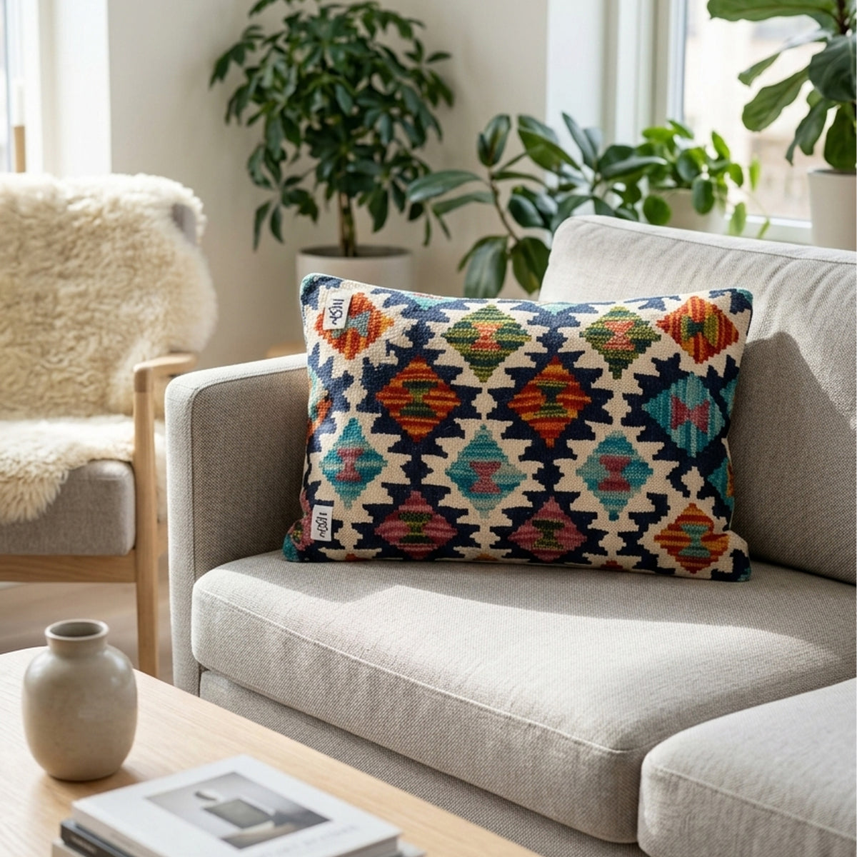 Multicolor diamond kilim cushion on light sofa seat, 35x55 cm