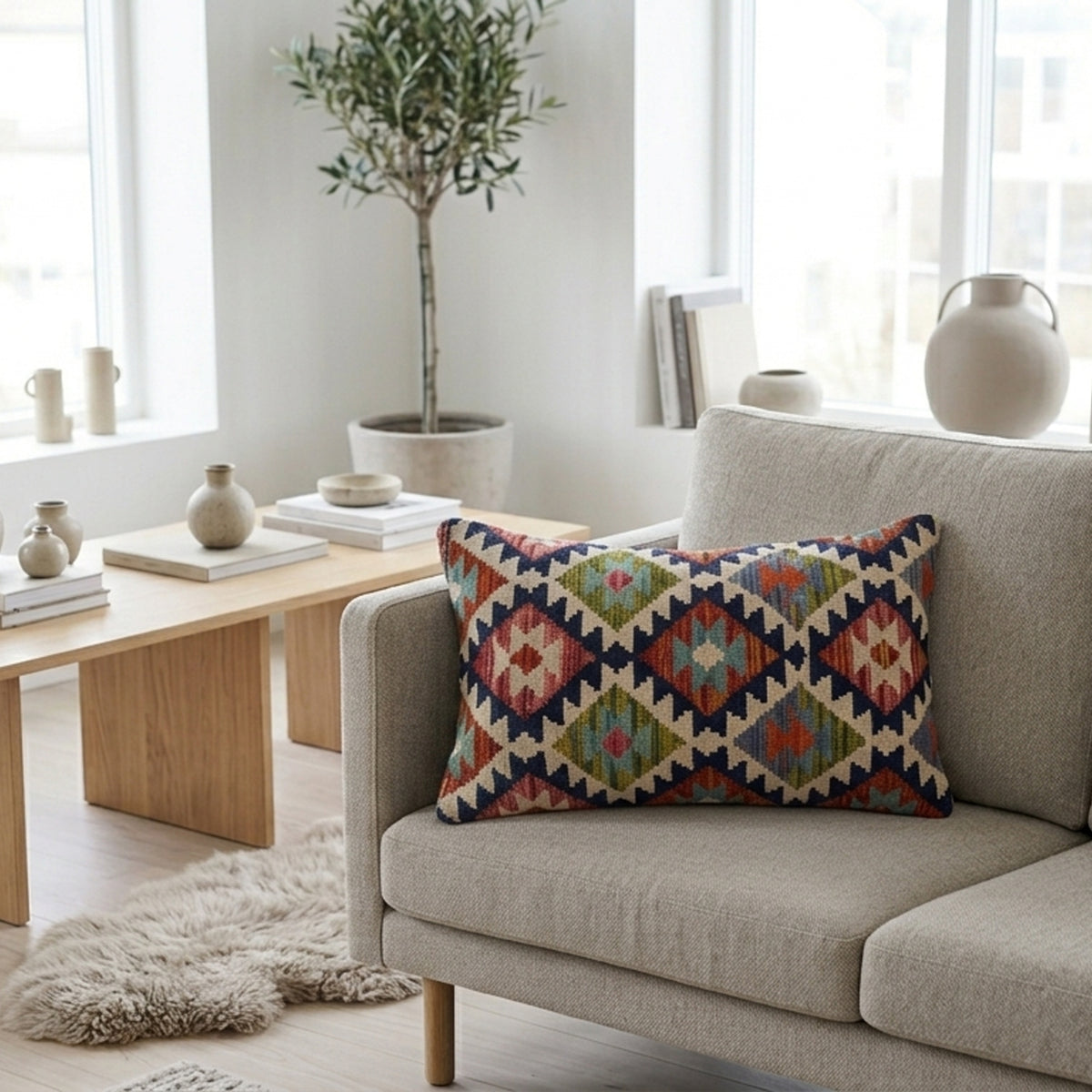Geometric kilim cushion cover on beige sofa with multicolor diamond pattern, 35x55 cm