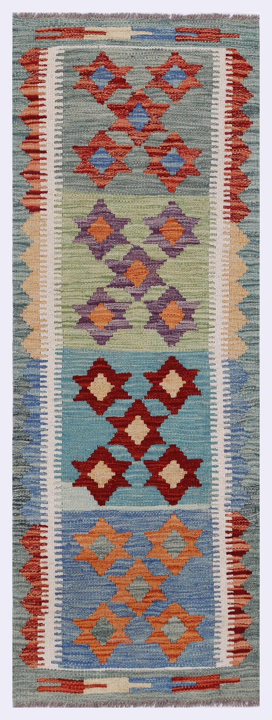 Blue kilim rug, 143x51 cm, cream border with red and orange diamond motifs