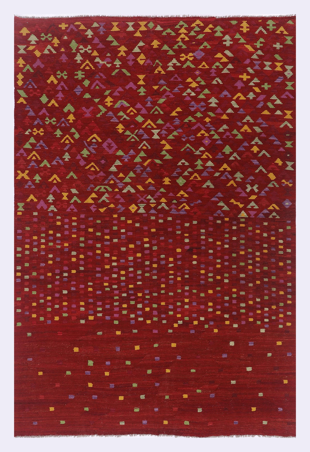 Red kilim rug with crimson mosaic geometric pattern, 293x195 cm