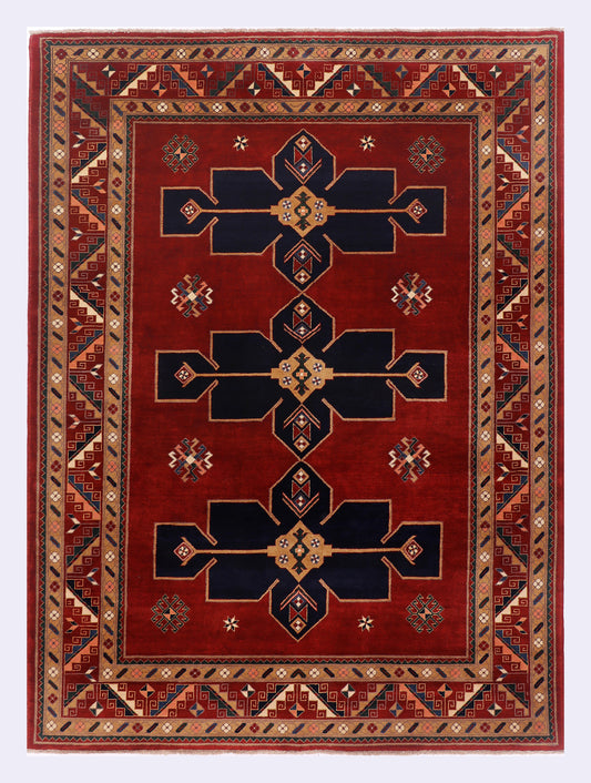 Red geometric area rug, 239x176 cm, bordered pattern with diamond motifs