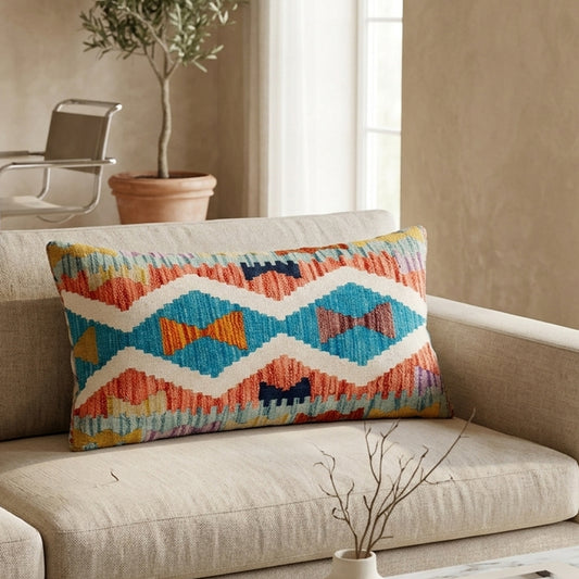 Turquoise kilim cushion cover with multicolor geometric woven bands