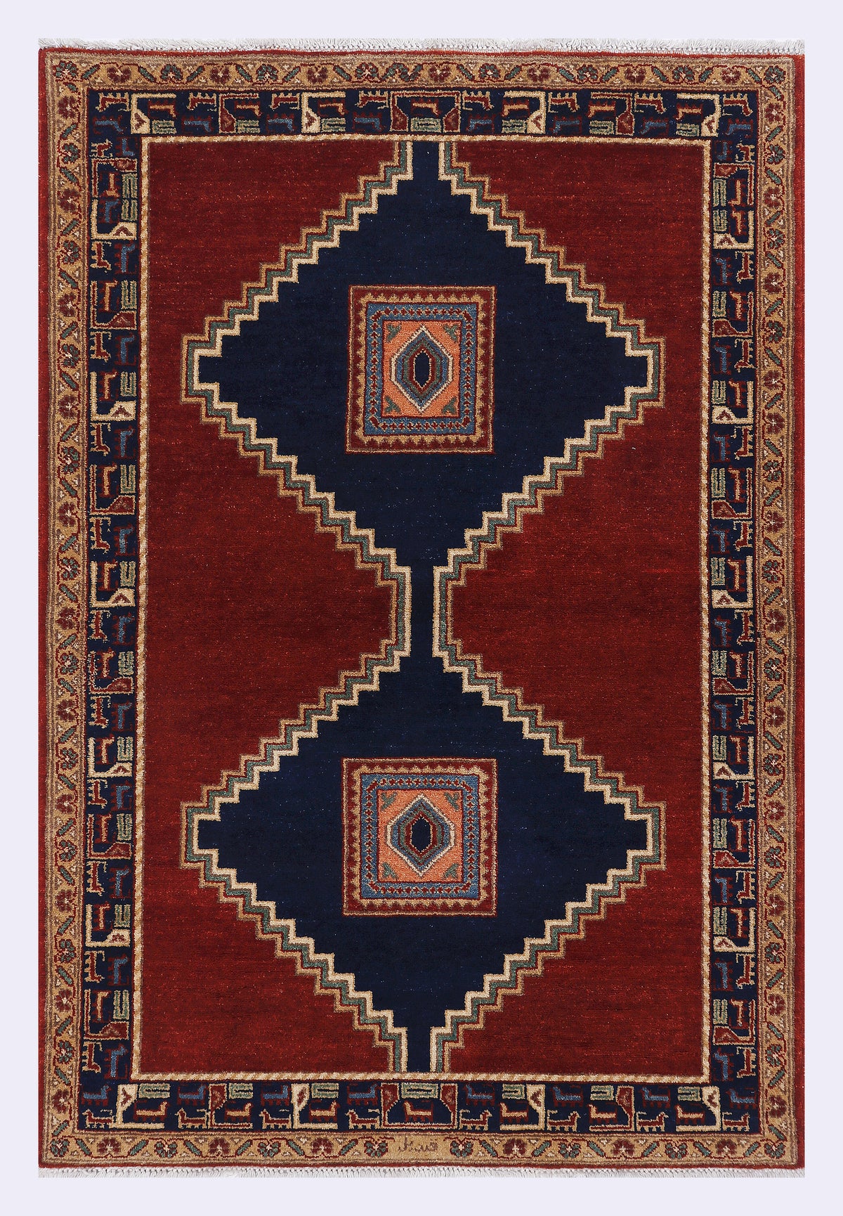 Red geometric rug with navy border and diamond medallions, 153x109 cm