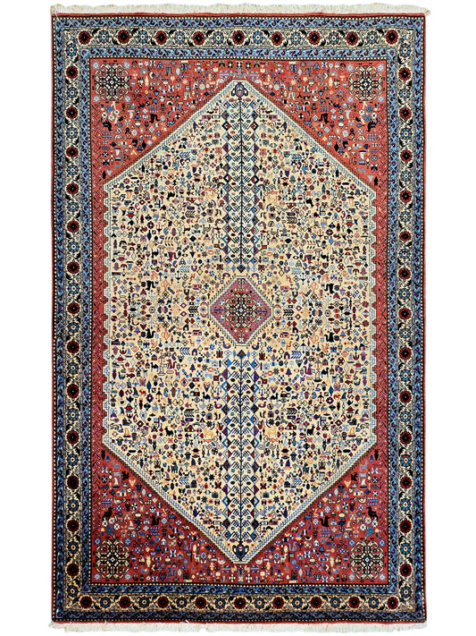 200x300 cm rug top view with red outer frame, cream center diamond and navy border