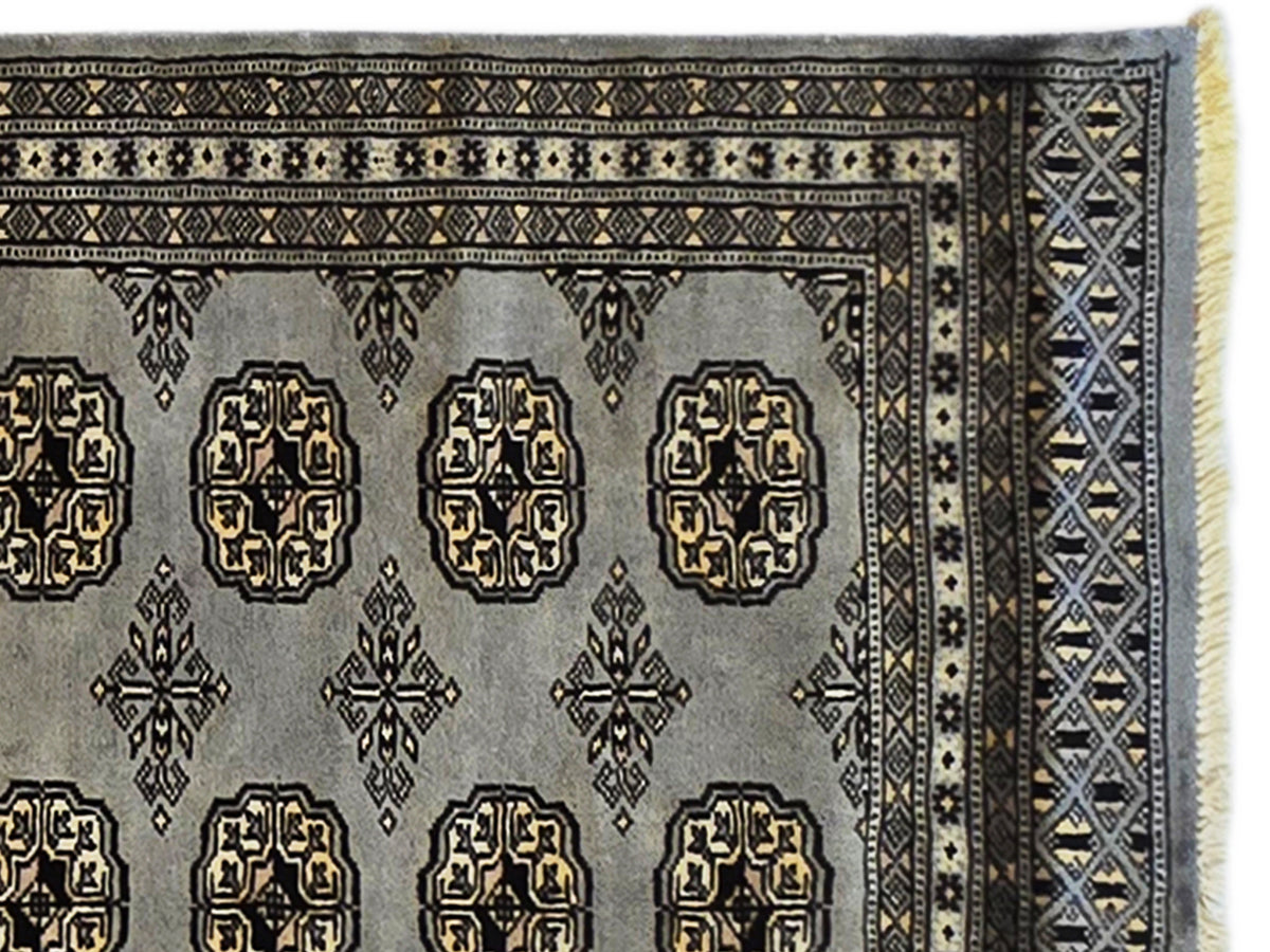 Close-up of rug pattern with ornate medallions, geometric bands, and fringed edge