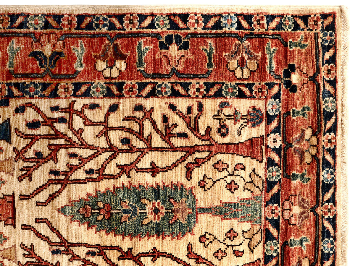 Close-up of red and beige rug with dark blue vines and central motif detail