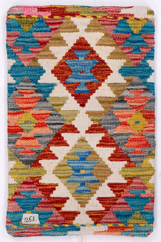 Multicolor kilim cushion cover with geometric motif and turquoise accents, 35x55 cm