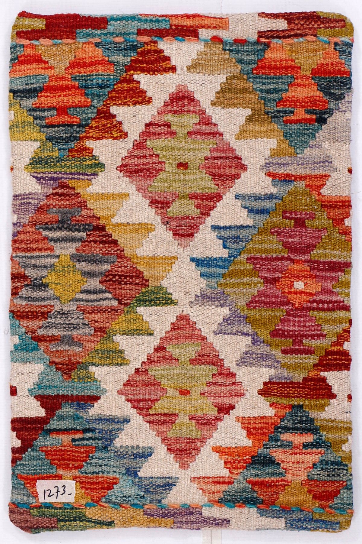 Red, blue, and cream kilim cushion cover with geometric diamond pattern, 35x55 cm