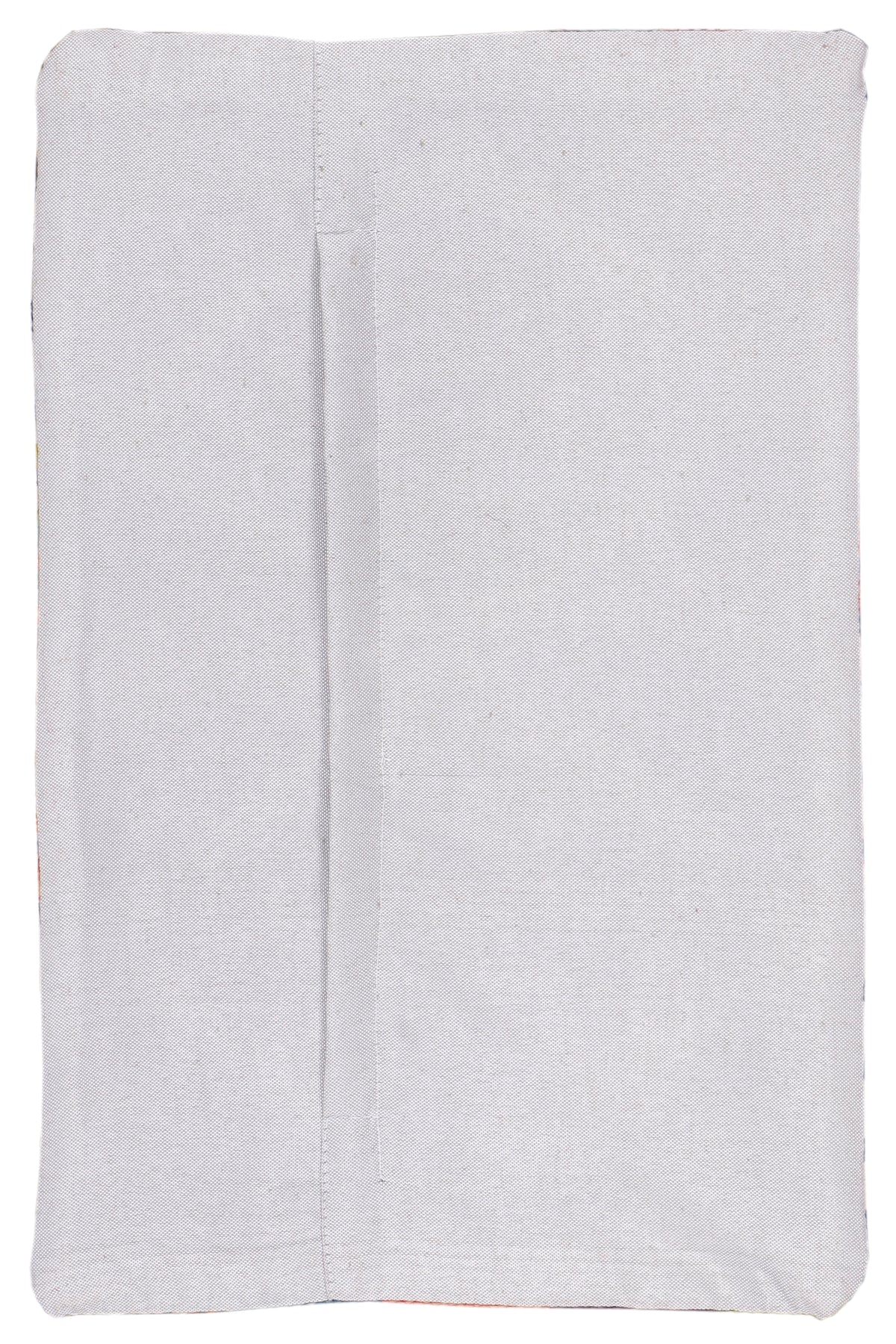 Kilim cushion cover with light gray woven fabric and vertical seam detail