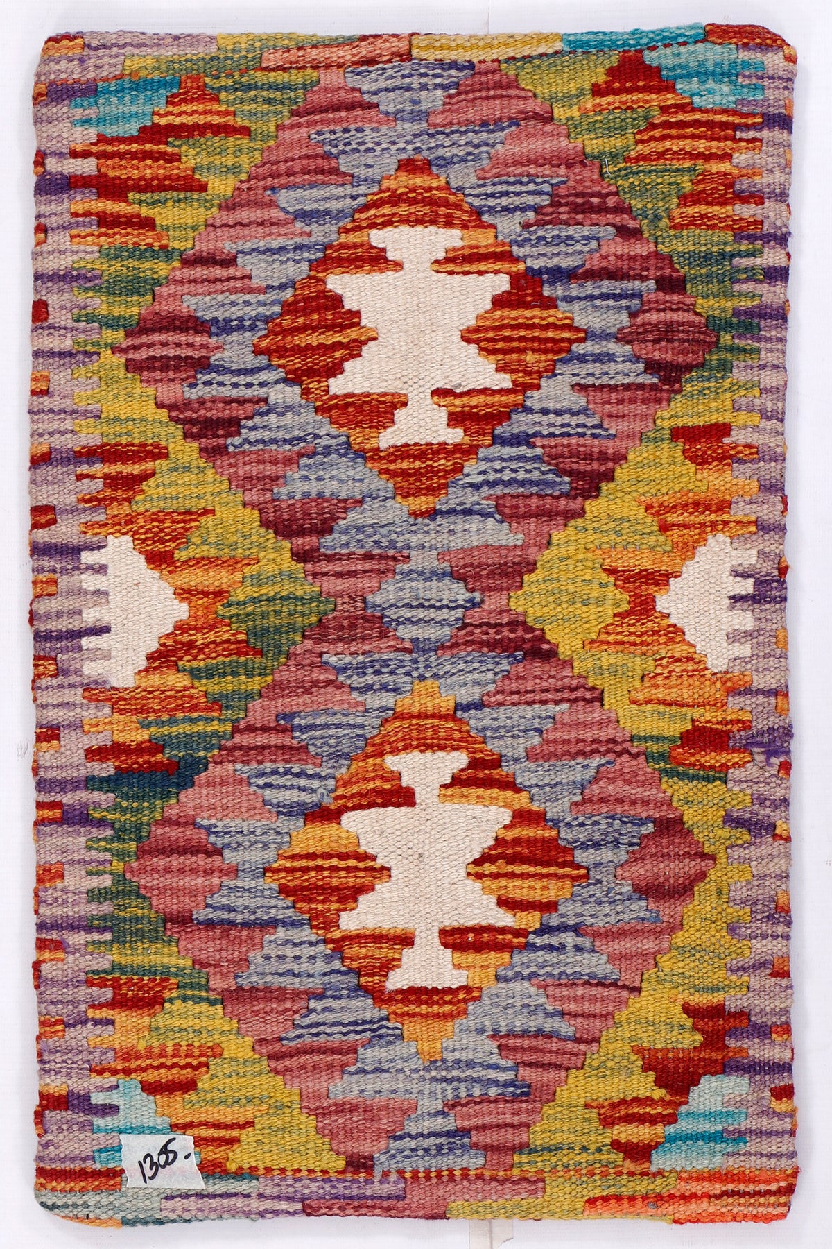 Kilim cushion cover front with multicolor geometric pattern and orange border accents
