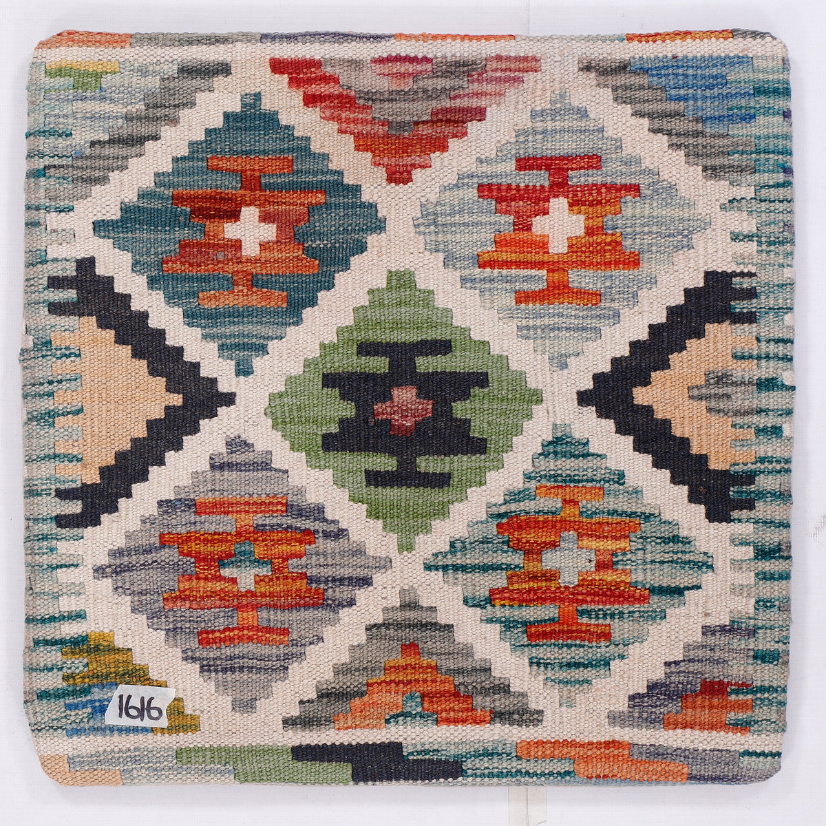 Multicolor kilim cushion cover front with geometric diamond pattern, 45x45 cm