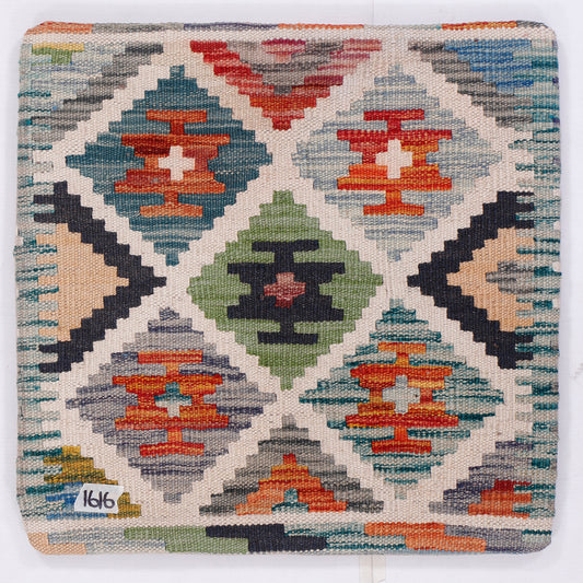 Multicolor kilim cushion cover front with geometric diamond pattern, 45x45 cm
