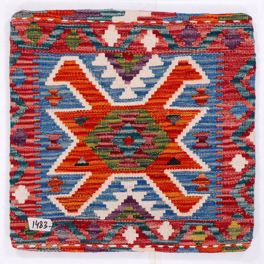 Kilim cushion cover with multicolor geometric star pattern, red-orange, blue, green