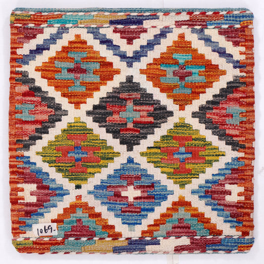 Multicolor kilim cushion cover, 45x45 cm, multicolor geometric diamond pattern, zigzag border