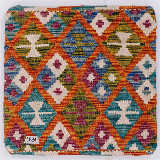 Kilim cushion cover close-up: multicolor diamond motifs on cream; 45x45 cm