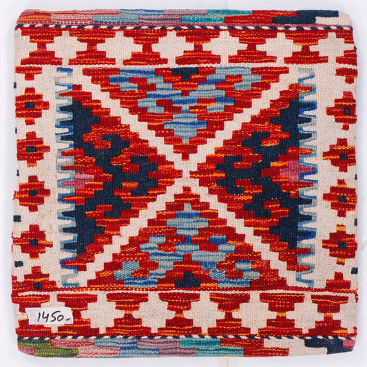 Kilim cushion cover 45x45 cm close-up of red, navy and blue geometric pattern