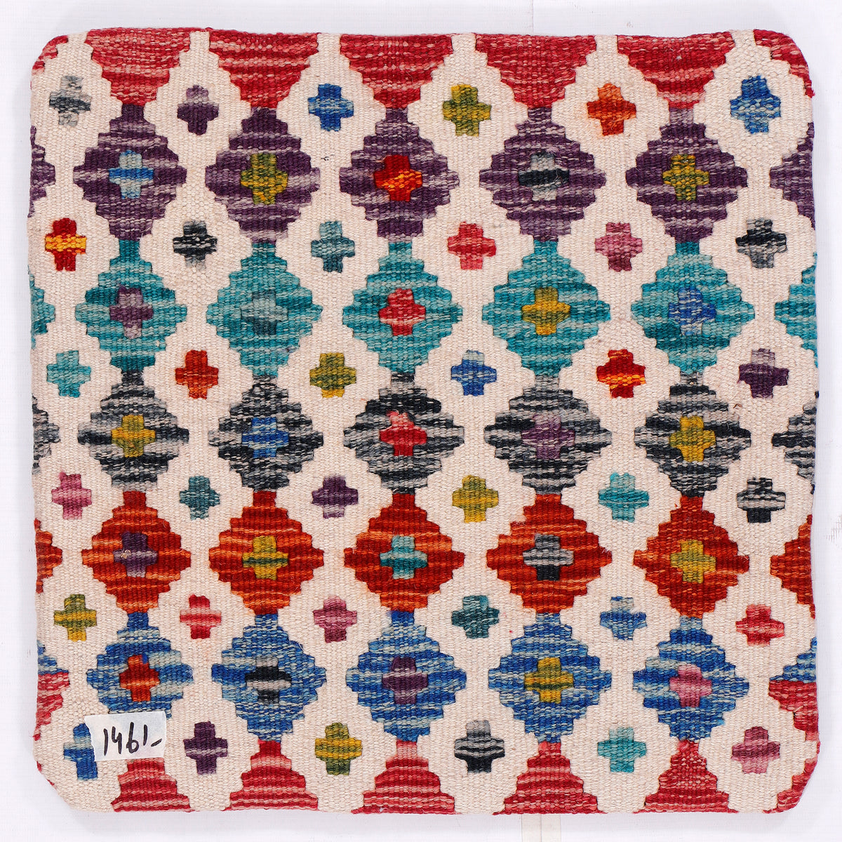 Diamond-pattern kilim cushion cover in red, blue, and cream, square 45x45 cm