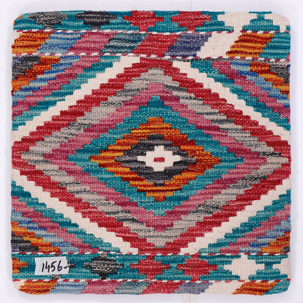 Turquoise kilim cushion front with central star diamond motif, 45x45 cm