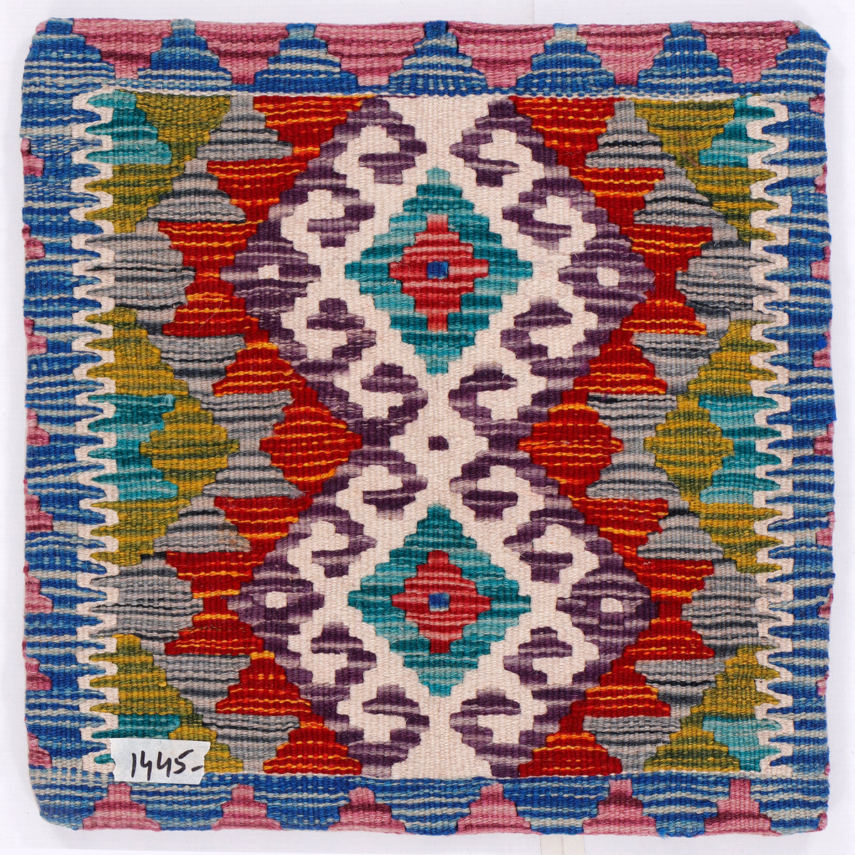 Square kilim cushion cover with multicolor diamond pattern and blue zigzag border