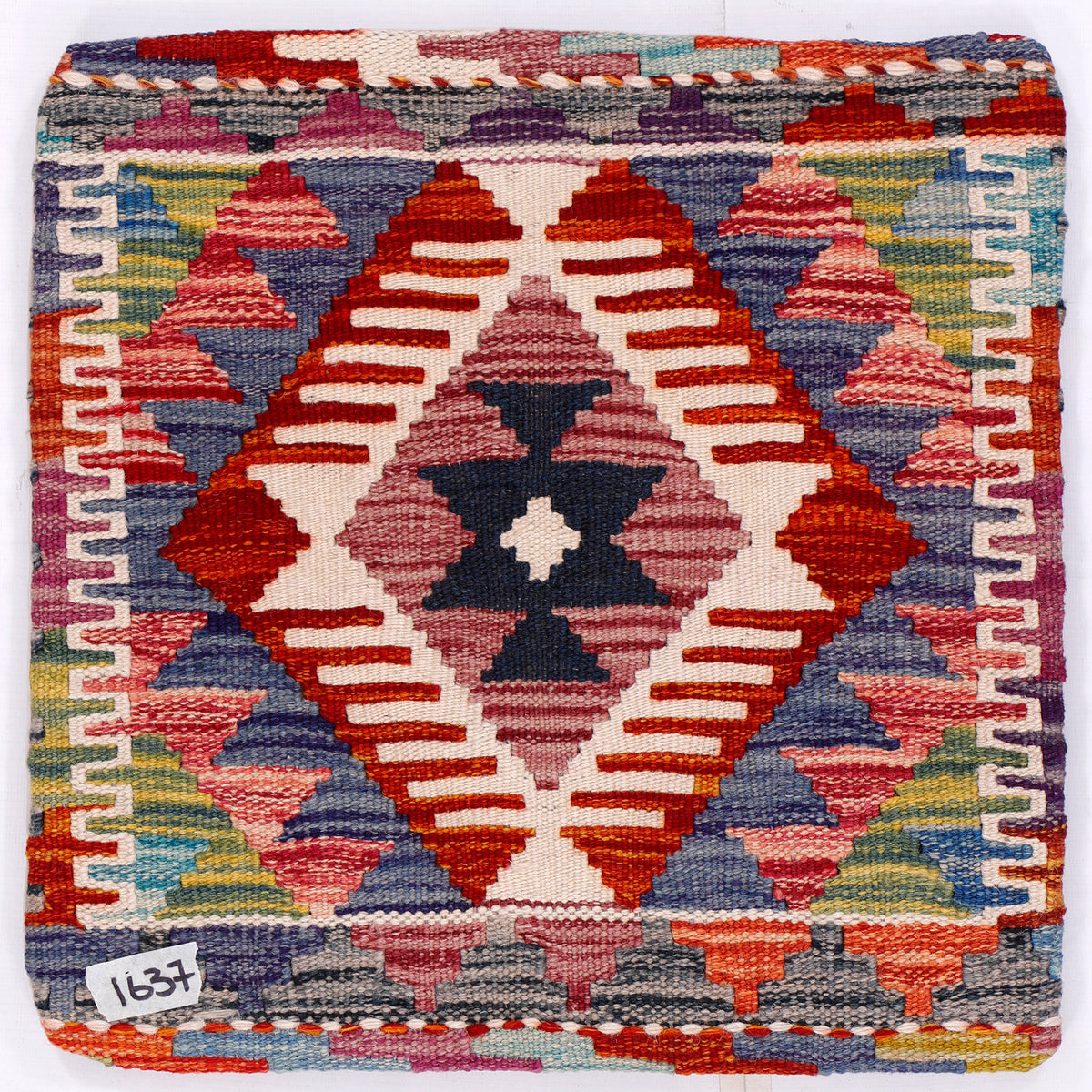 Kilim cushion cover with red, blue, cream diamond geometric pattern