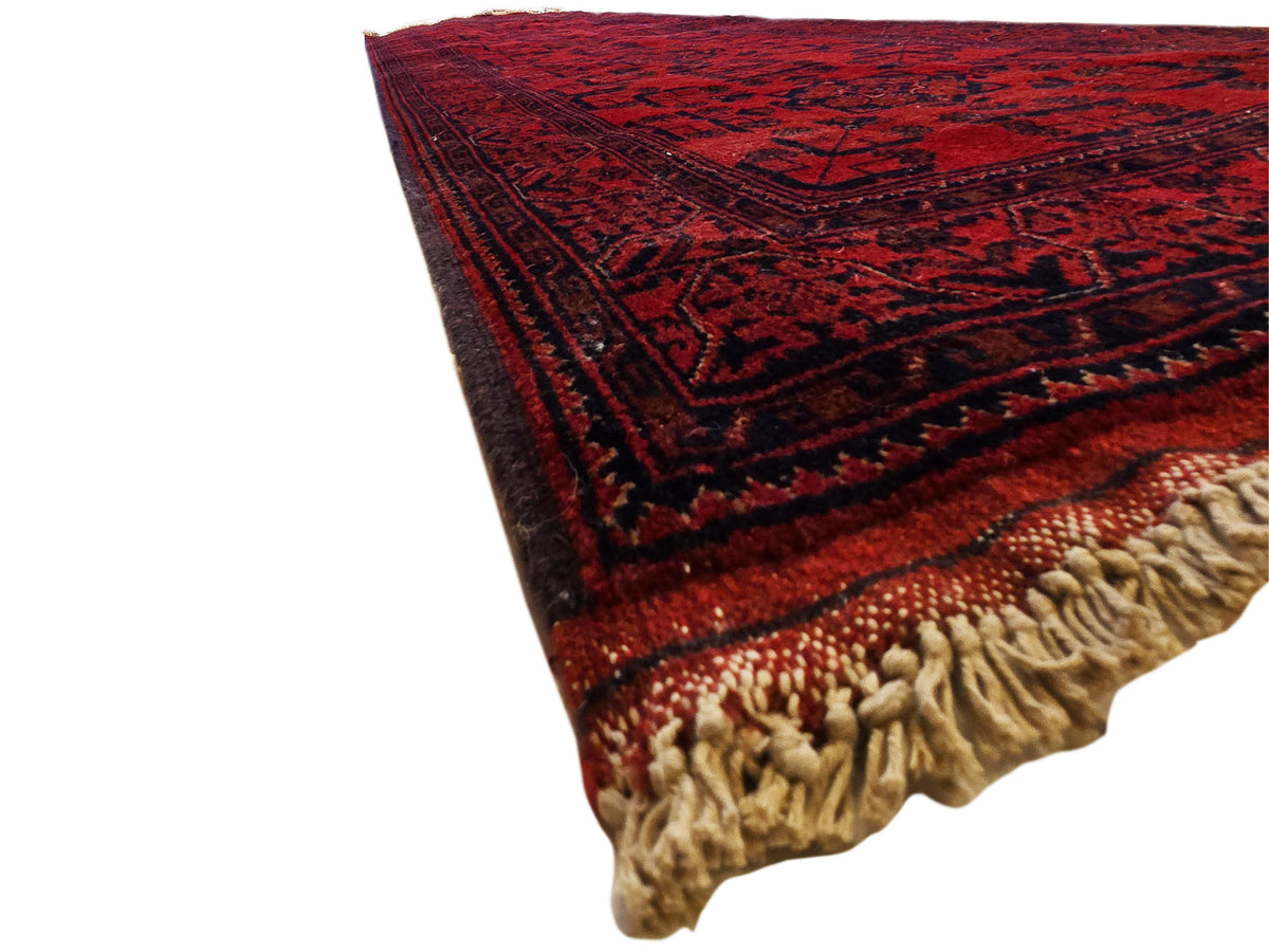 Khanmohamad rug corner in deep red with dark pattern band and cream fringe along edge.