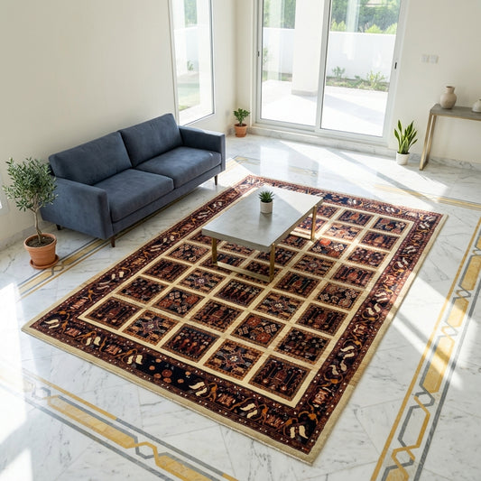 Loribaft rug in room, navy and rust geometric grid on beige ground