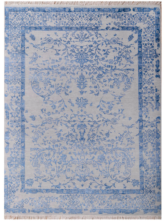 Modern rug 310x244 cm square-like design with blue damask border and light patterned field