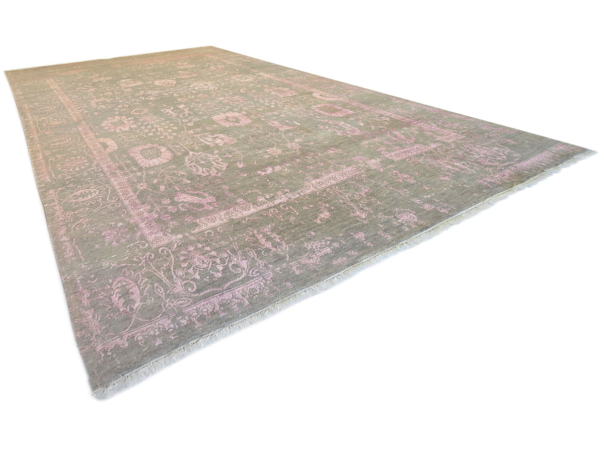 Rectangular modern area rug, gray with mauve pink decorative motifs and border