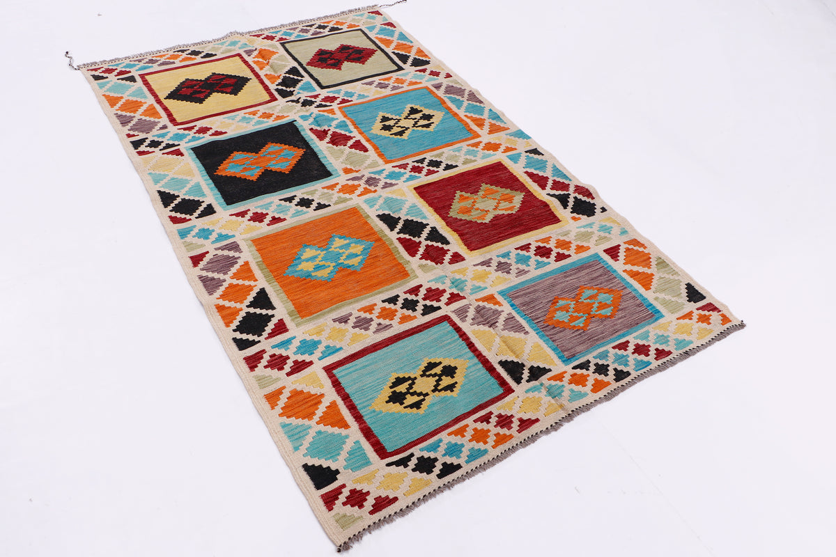 Multicolor kilim area rug with geometric square and diamond medallion pattern