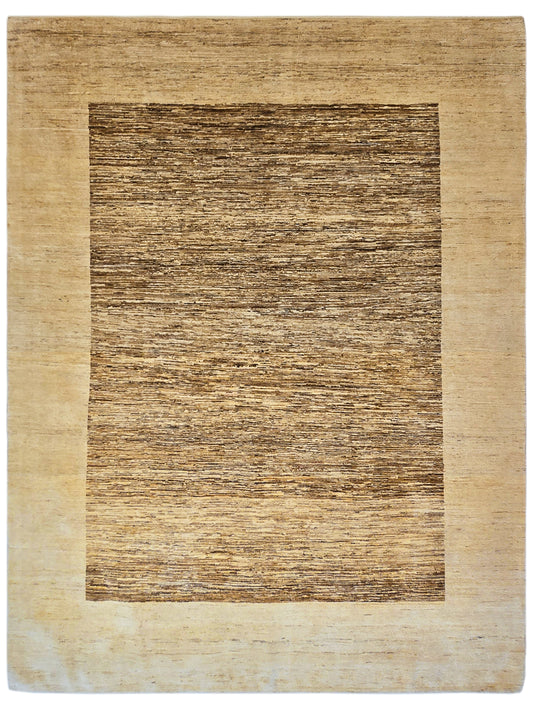 Beige and dark brown square flatweave rug with centered geometric panel